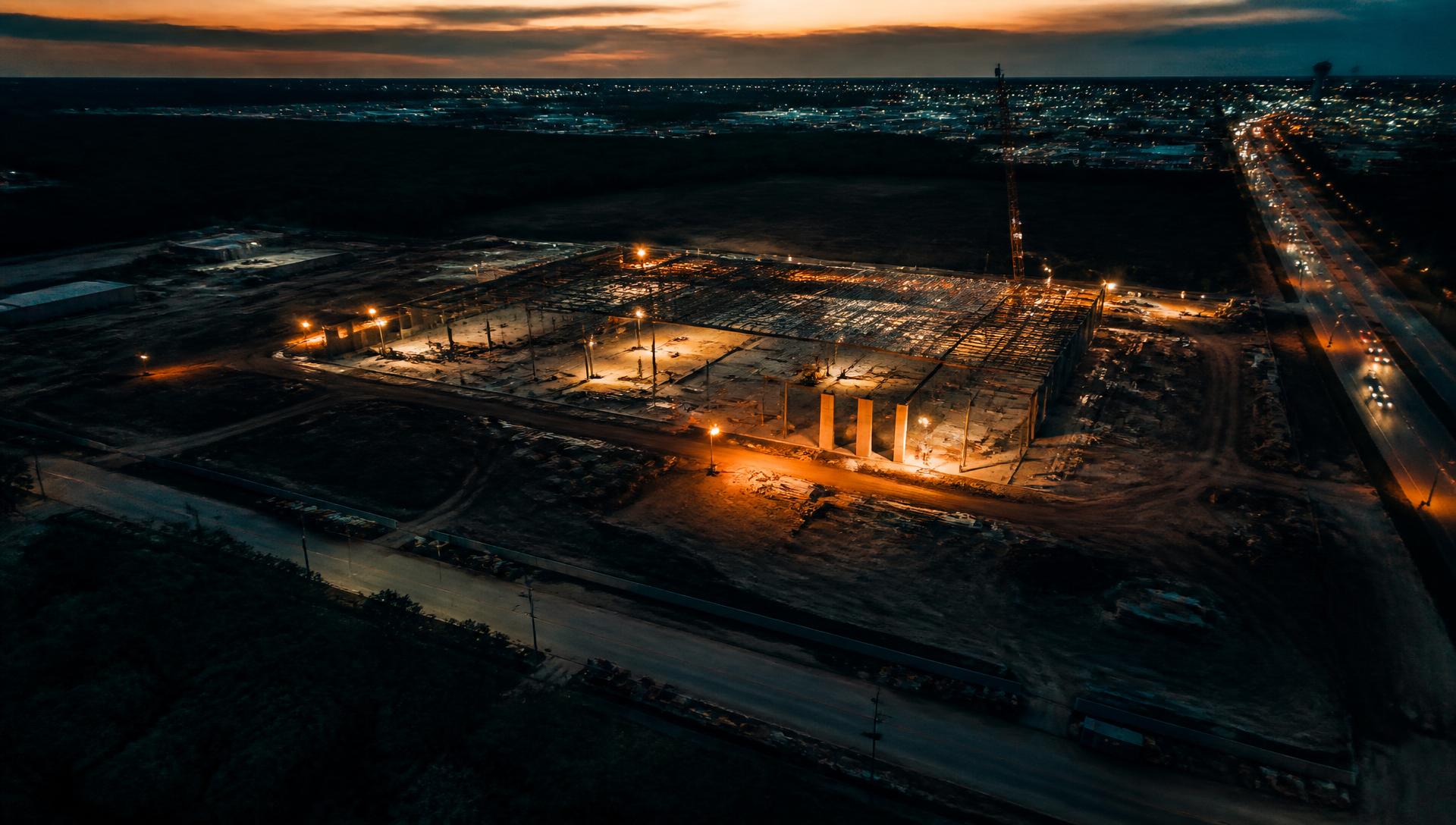 Aerial dusk view of a Central Texas commercial construction site